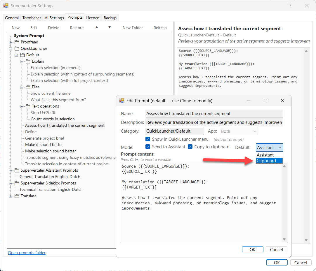 The Mode row in the Prompt Editor, showing Send to Assistant and Copy to clipboard checkboxes plus a Default dropdown