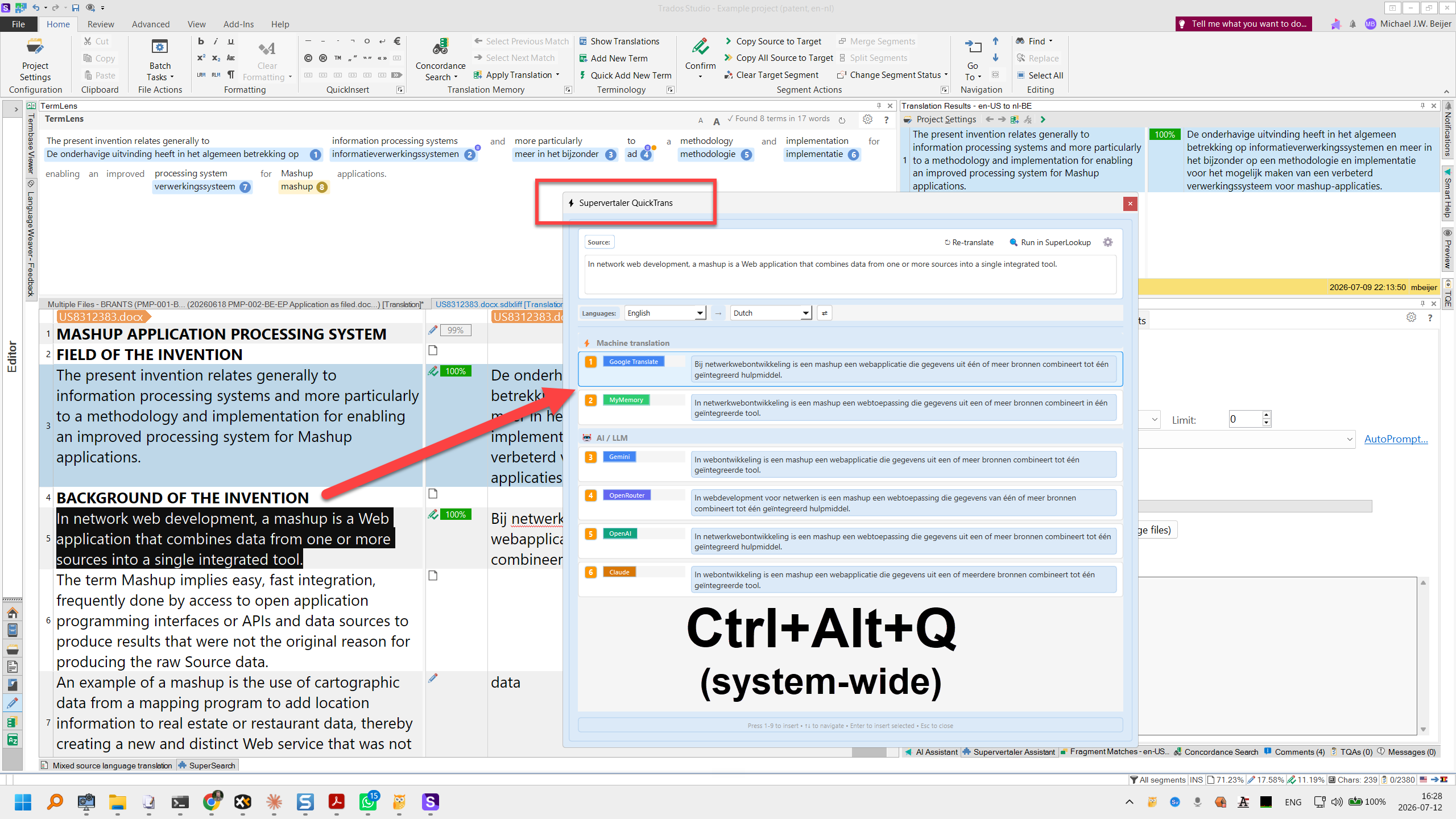 The Supervertaler QuickTrans popup over Trados Studio, showing the editable source text, the English → Dutch language pair, and numbered results from each enabled provider grouped into Machine translation and AI / LLM sections