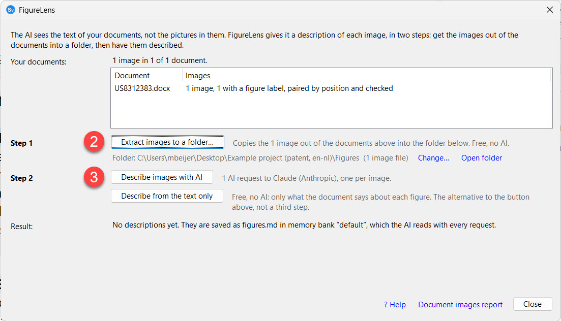 The FigureLens panel listing one document with one image, Step 1 Extract images to a folder marked 2, and Step 2 Describe images with AI marked 3