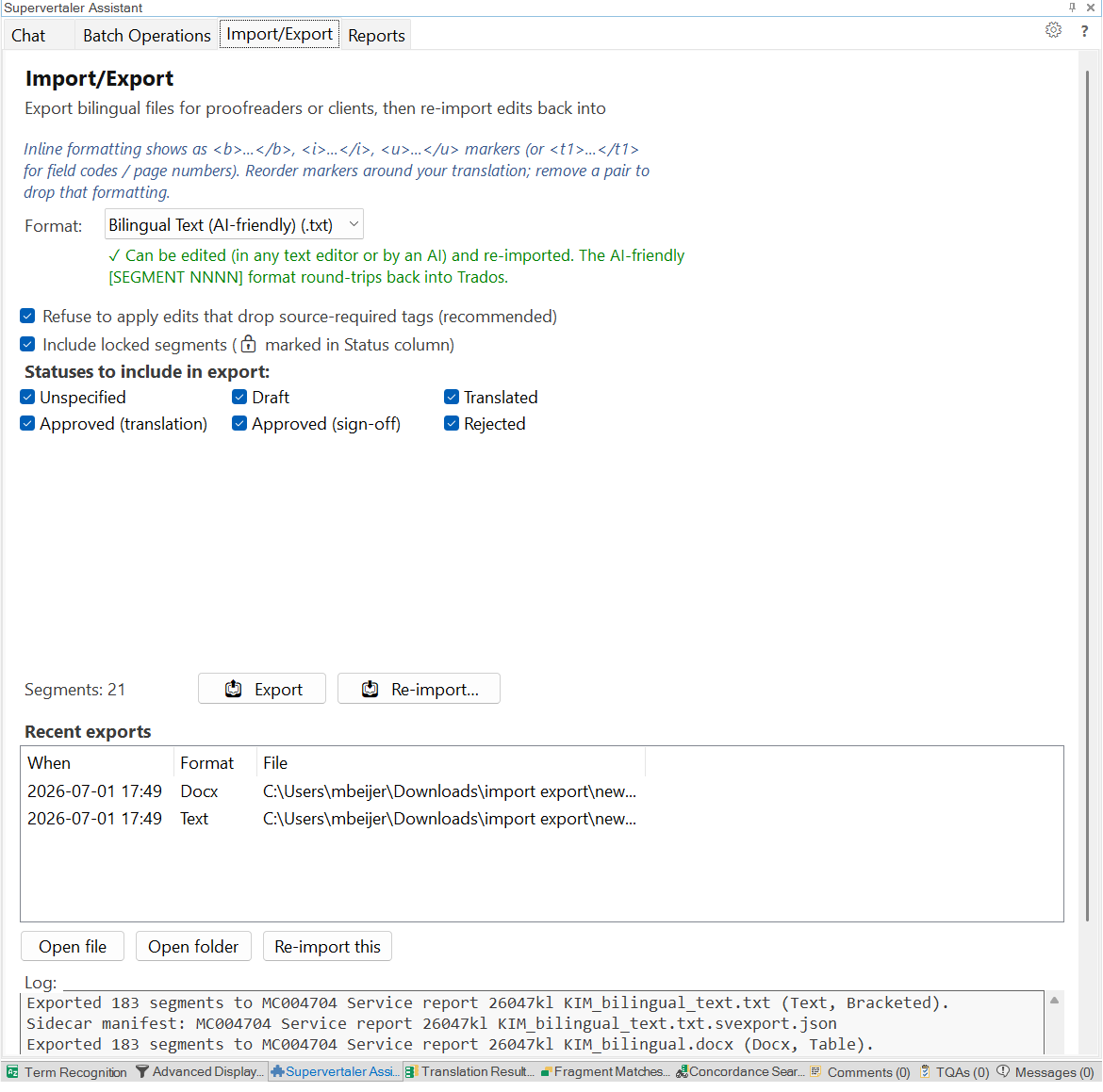 The Import/Export tab in the Supervertaler Assistant panel, showing the format picker, the multi-file file list with per-file segment counts, output mode radios, and the Recent exports list.