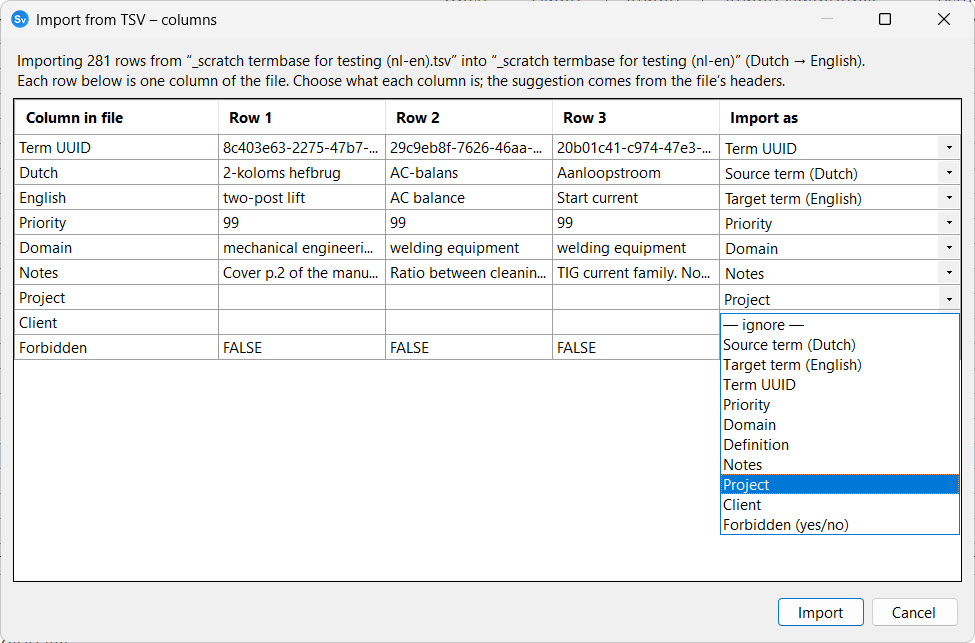 The Import from TSV columns dialog: one row per column of the file, showing the header, the values in the first three rows, and an Import as dropdown for each
