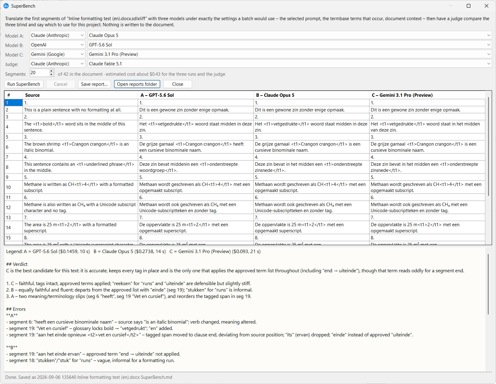 The SuperBench window after a run: three model slots and a judge at the top, the source and three translations side by side in a table, and the judge's report below with its legend