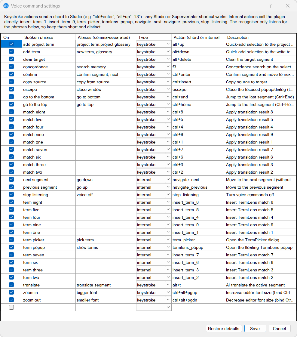 The Voice command settings dialog with the full command grid