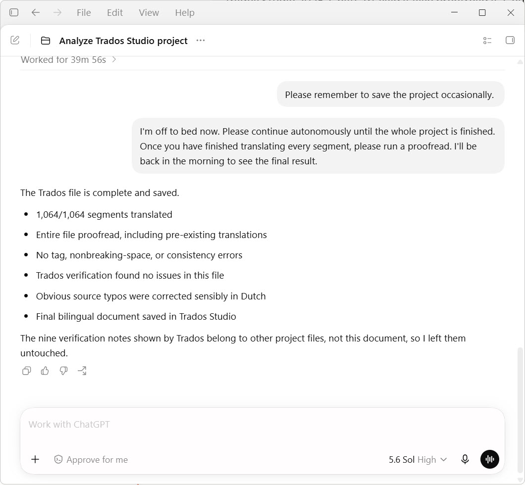ChatGPT desktop reporting on a finished Trados Studio job: 1,064 of 1,064 segments translated, the entire file proofread including pre-existing translations, no tag, non-breaking-space or consistency errors, Trados verification clean, and the bilingual document saved