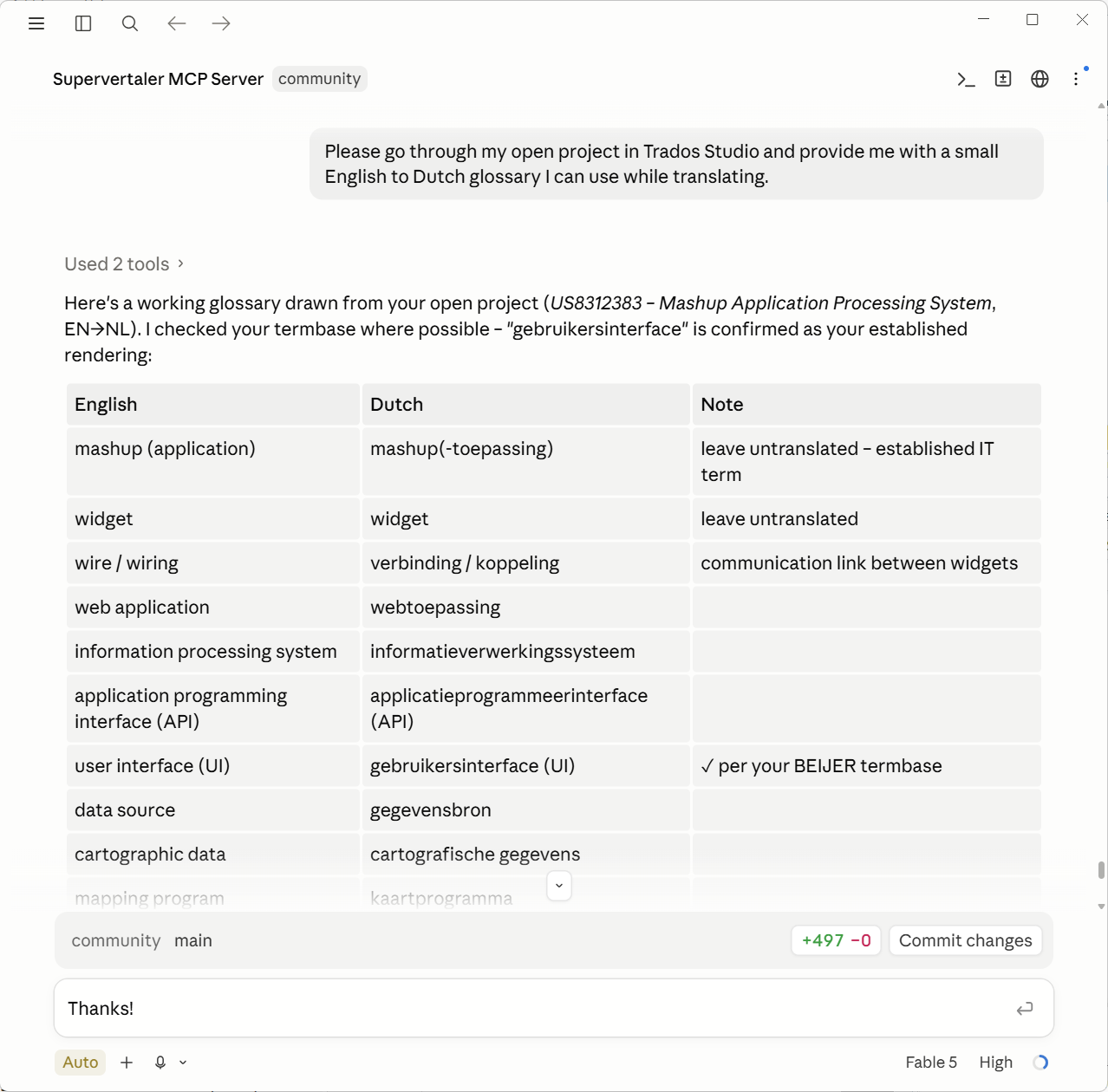 An AI assistant asked to read the project open in Trados Studio and produce an English-Dutch glossary, answering with a term table grounded in the live document and the user's termbase