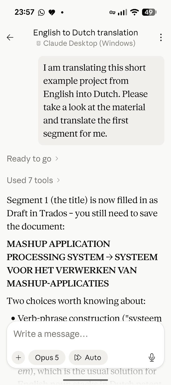 Claude's Android app showing the first segment of a Trados project translated into Dutch and written back to the grid as Draft