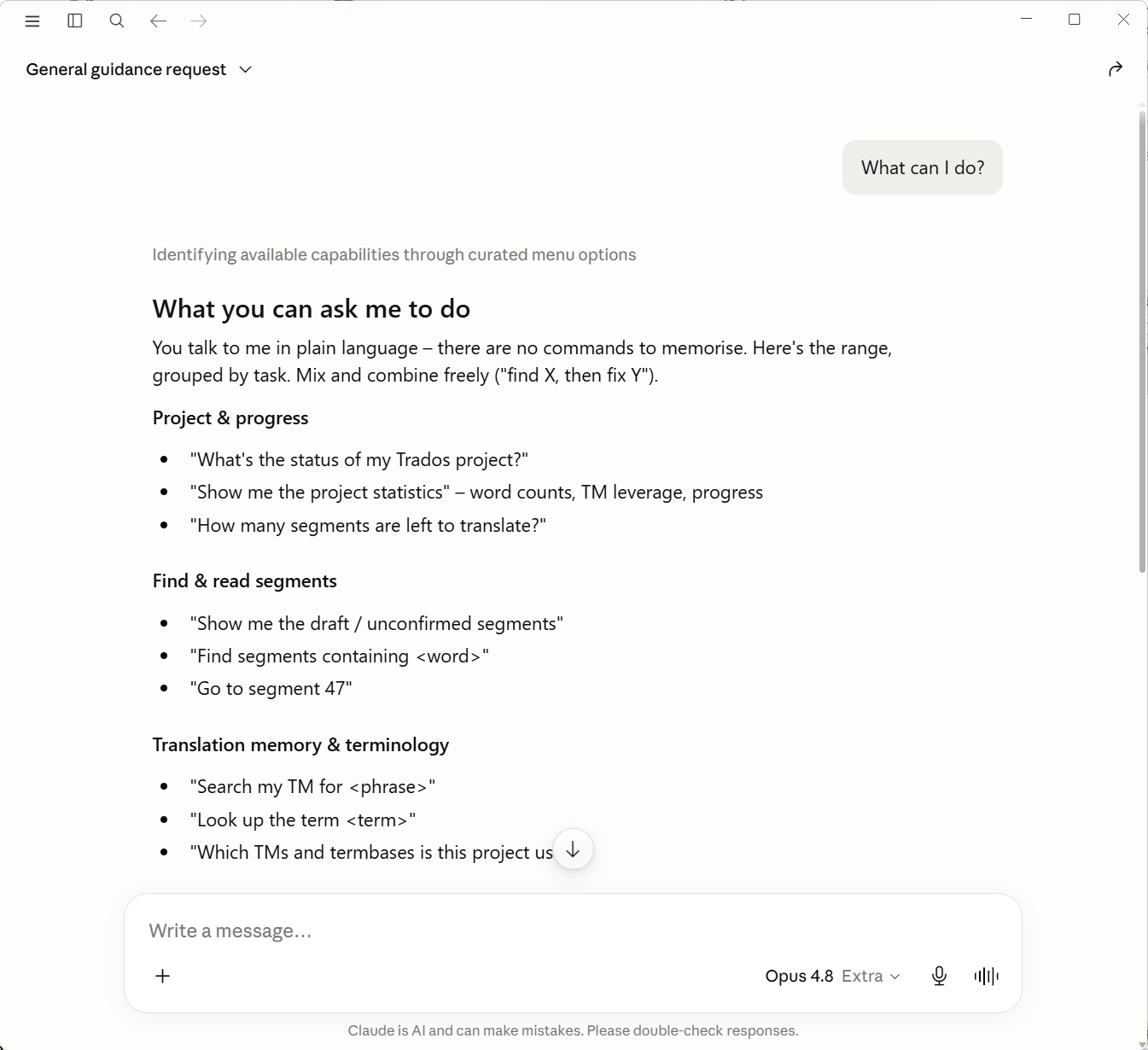 Claude Desktop showing the answer to 'What can I do?' – a grouped, bulleted menu of example phrasings under headings such as Project & progress, Find & read segments, and Translation memory & terminology